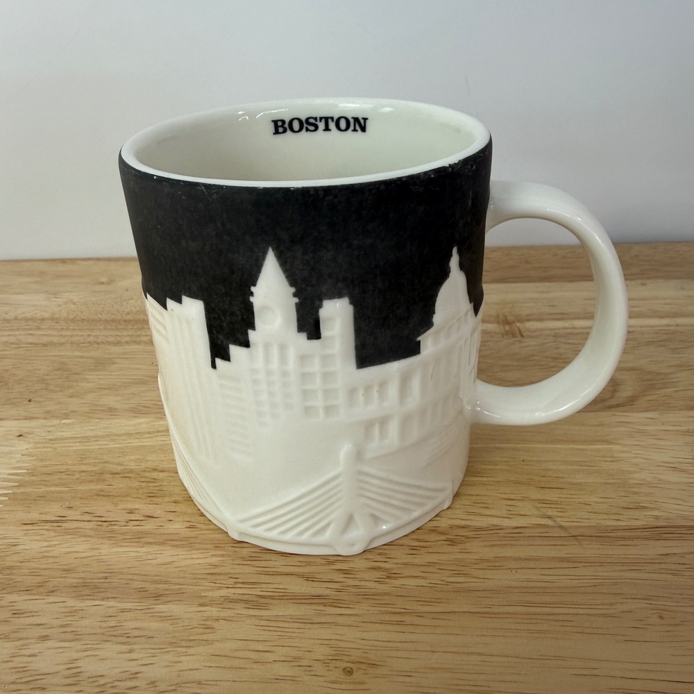 Starbucks Collector Series Mug Boston 16oz White Black 3D Relief Skyline 2012